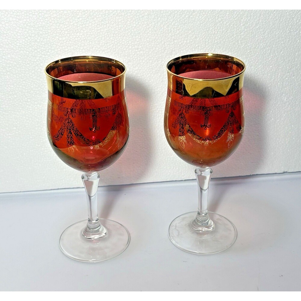 Red Venetian Art Glass Stemware Bohemian Red &Gold Accents Glass Set Of 2